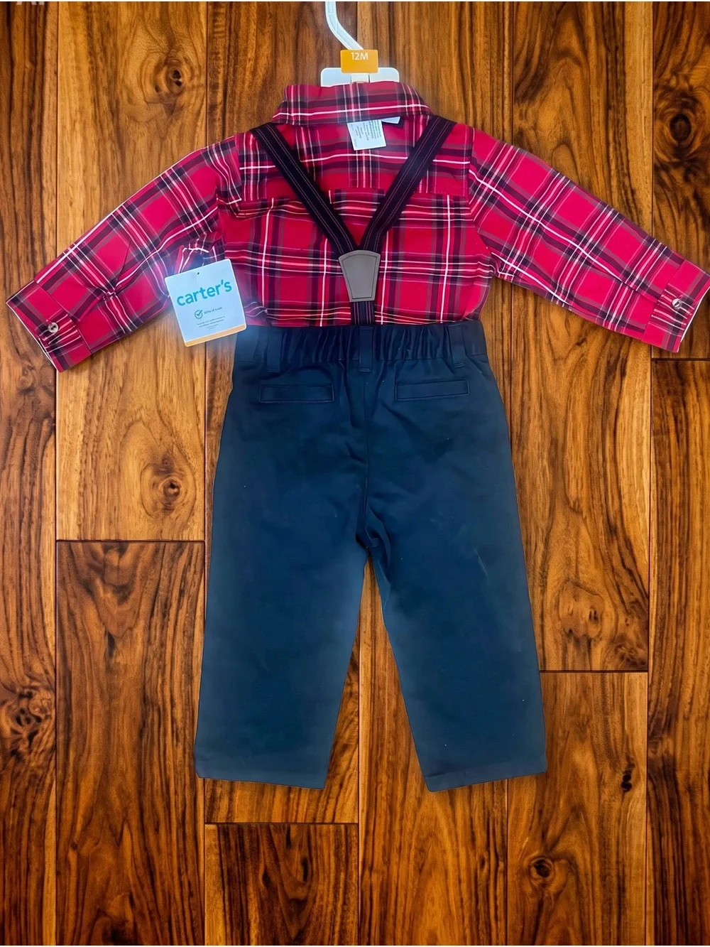Carter's Red Plaid Shirt with Black Bow Tie and Black Suspender Pants